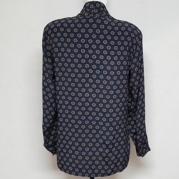 Vintage Evan Picone Dark Blue Gold Print Pleated Wide Shoulder Button Up Blouse - Picture 10 of 13